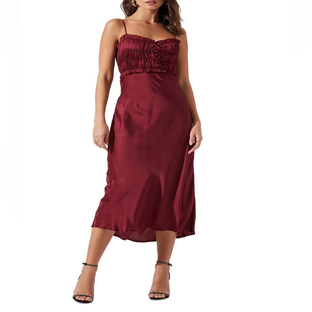 Astr Burgundy Satin Midi Dress